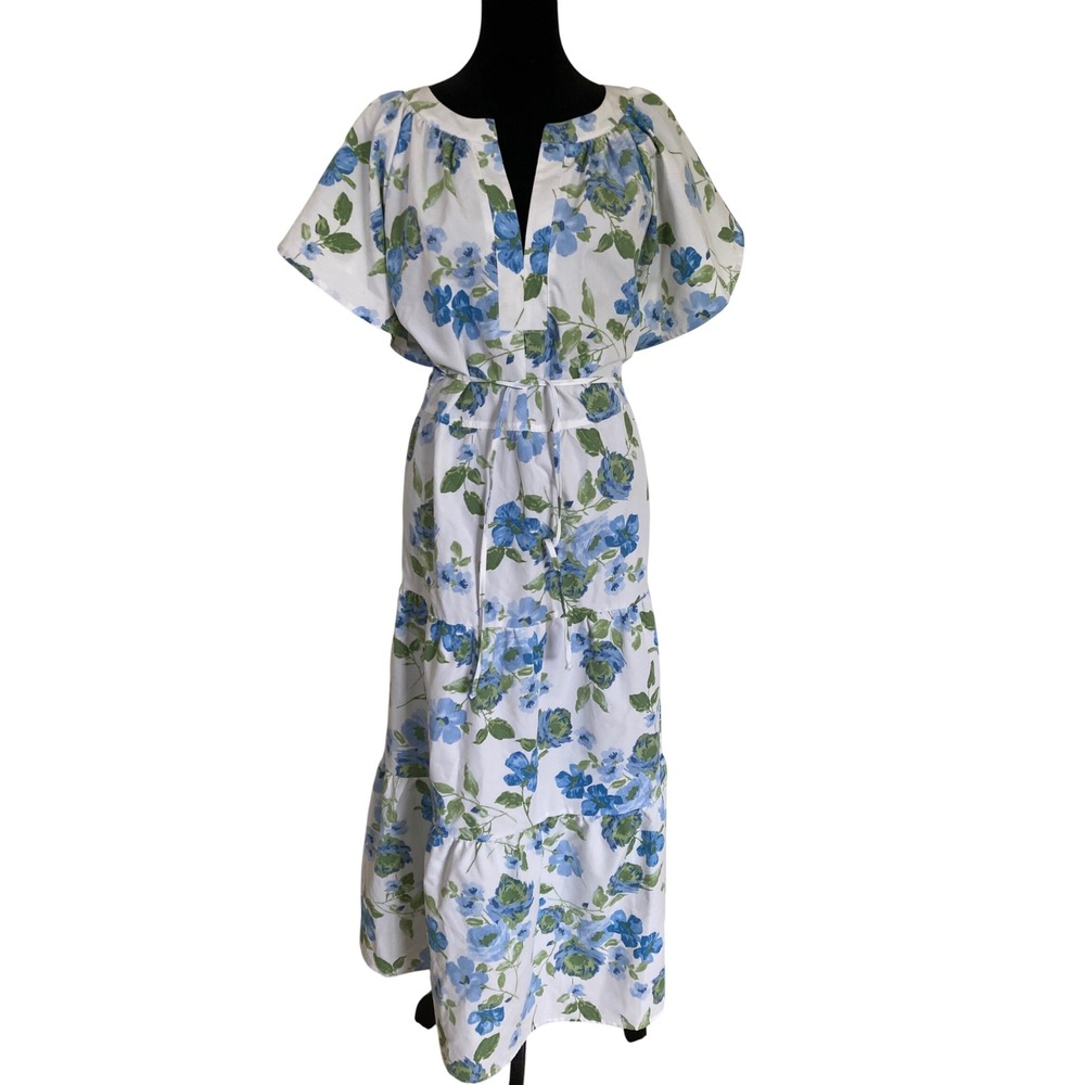 Emma & Michele‎ Blue Floral Tiered Maxi Dress Plus Size 2X Flutter Sleeve V-Neck